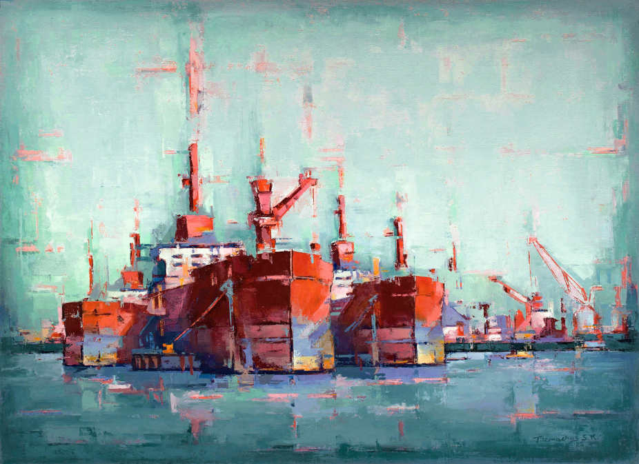 Red Muses II, oil on linen, 80 x 110 cm, Tilemachos Kyriazatis Figurative Art Painting Canvas Oil Artwork Oil Tanker ship cargo maritime art marine vessel  2025