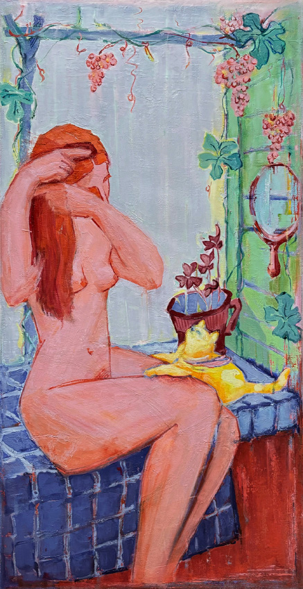 Oil on canvas, 107 x 55 cm Tilemachos Kyriazatis Figurative Art Painting Canvas Oil Artwork Nude Greek Mythology Picasso Fasianos style woman