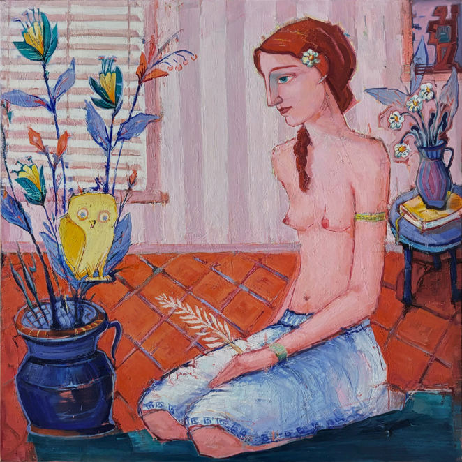 Oil on canvas, 110 x 110 cm Tilemachos Kyriazatis Figurative Art Painting Canvas Oil Artwork Nude Greek Mythology Picasso Fasianos style woman