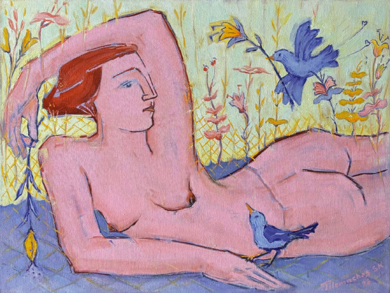 oil on canvas, 45 x 60 cm Tilemachos Kyriazatis Figurative Art Painting Canvas Oil Artwork Nude Greek Mythology Picasso Fasianos style woman