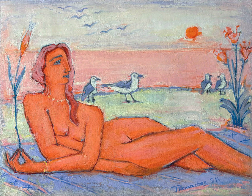 Oil on linen, 35 x 45 cm Tilemachos Kyriazatis Figurative Art Painting Canvas Oil Artwork Nude Greek Mythology Picasso Fasianos style woman