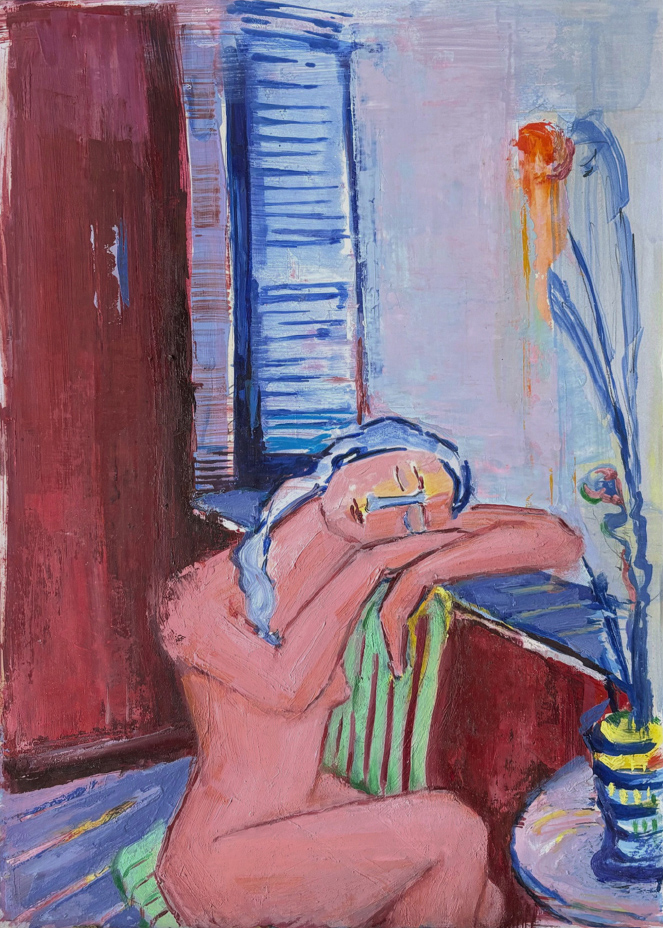 Oil on paper,42 x 30 cm Tilemachos Kyriazatis Figurative Art Painting Canvas Oil Artwork Nude Greek Mythology Picasso Fasianos style woman